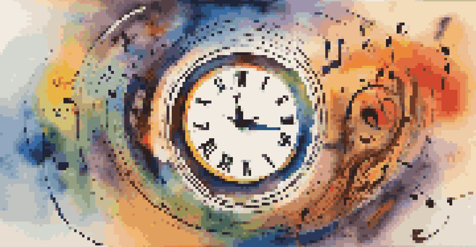 An abstract image of a swirling clock face with musical notes, depicting different perceptions of time.