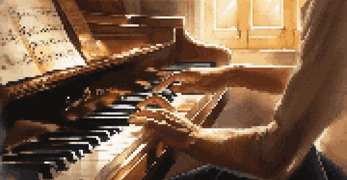 A musician's hands playing a grand piano with sheet music in a warmly lit room.