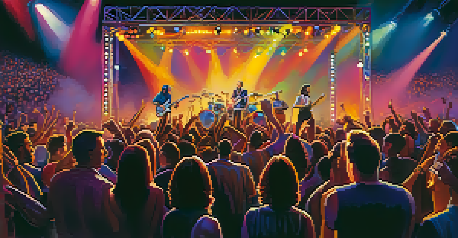 A lively concert with a crowd enjoying music, filled with colorful lights and happy faces.