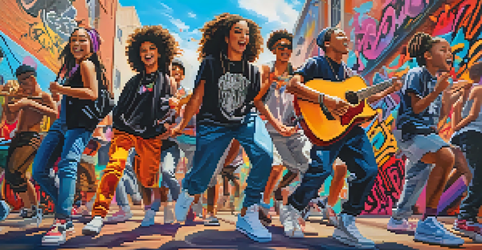 A group of young musicians in colorful streetwear performing in front of graffiti art, showcasing joy and creativity.