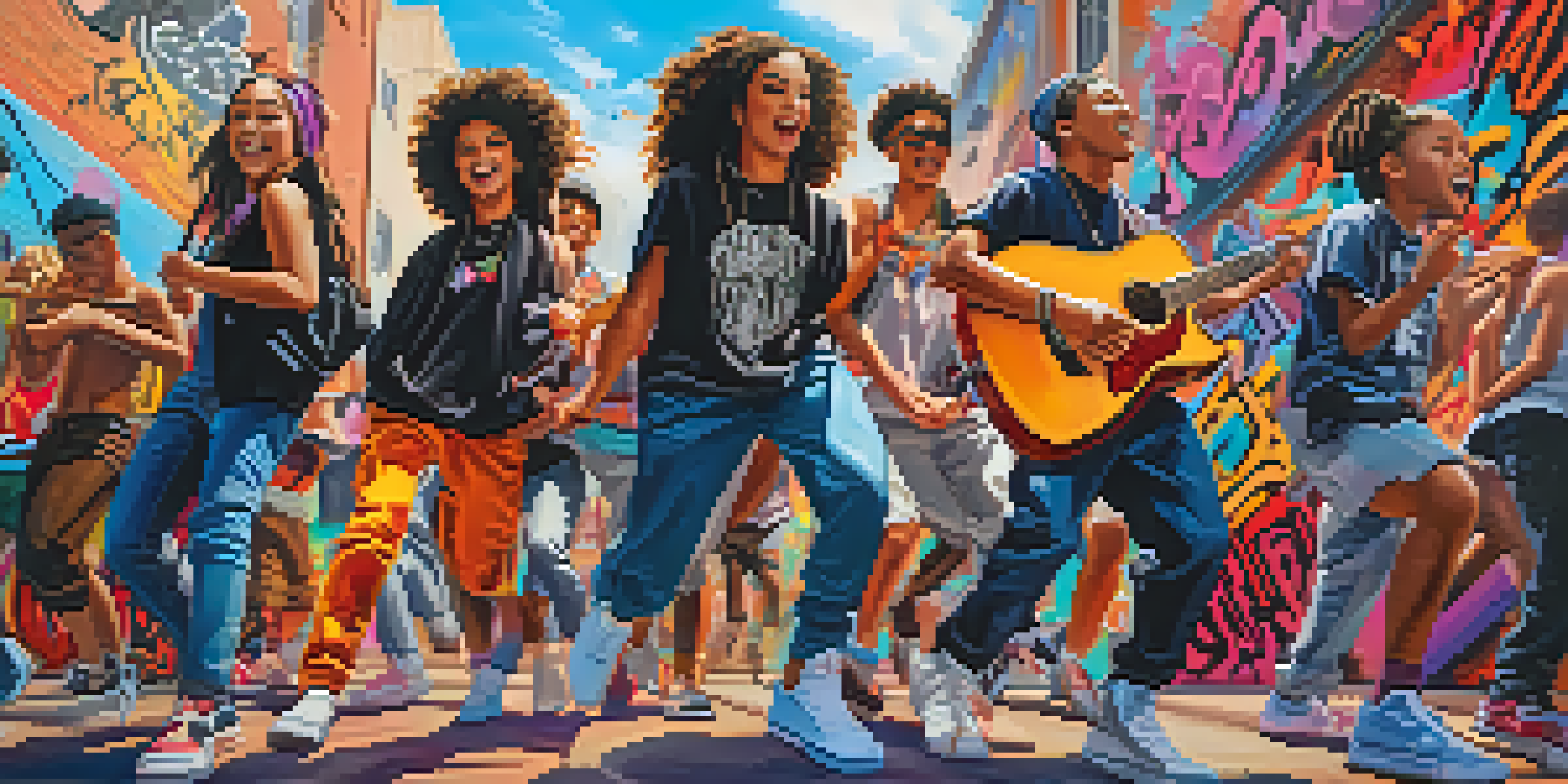 A group of young musicians in colorful streetwear performing in front of graffiti art, showcasing joy and creativity.