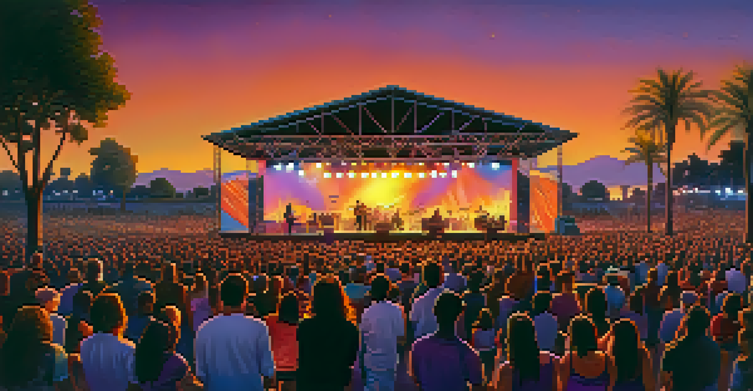 A vibrant open-air concert at sunset, with a diverse crowd enjoying live music, surrounded by colorful lights and a stunning sky.