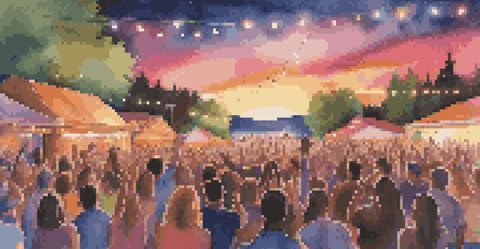 An outdoor concert with a lively crowd enjoying music under a sunset, with colorful stage lights.