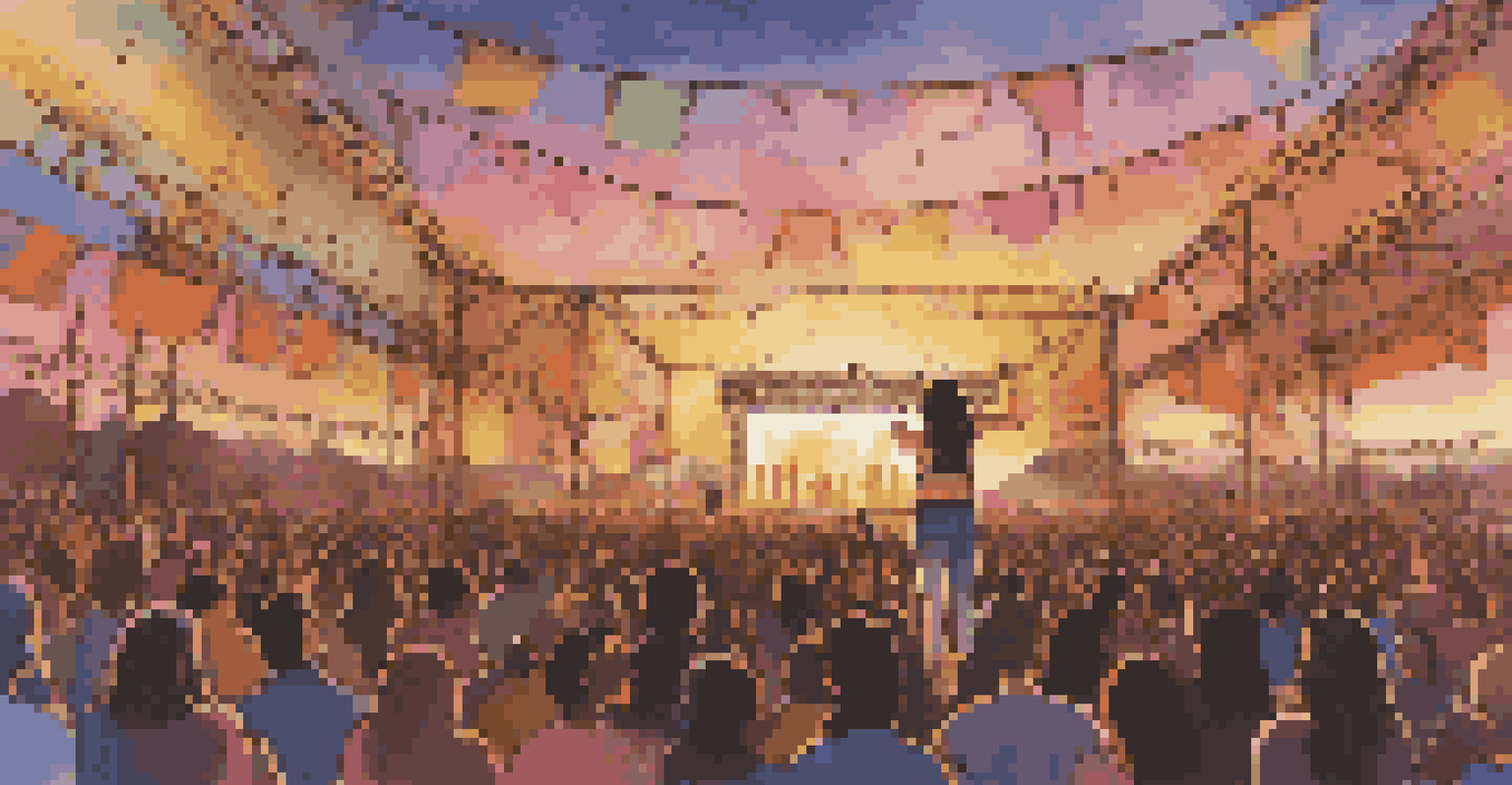 A female artist performing at an outdoor music festival with a diverse audience, illuminated by sunset and colorful lights.