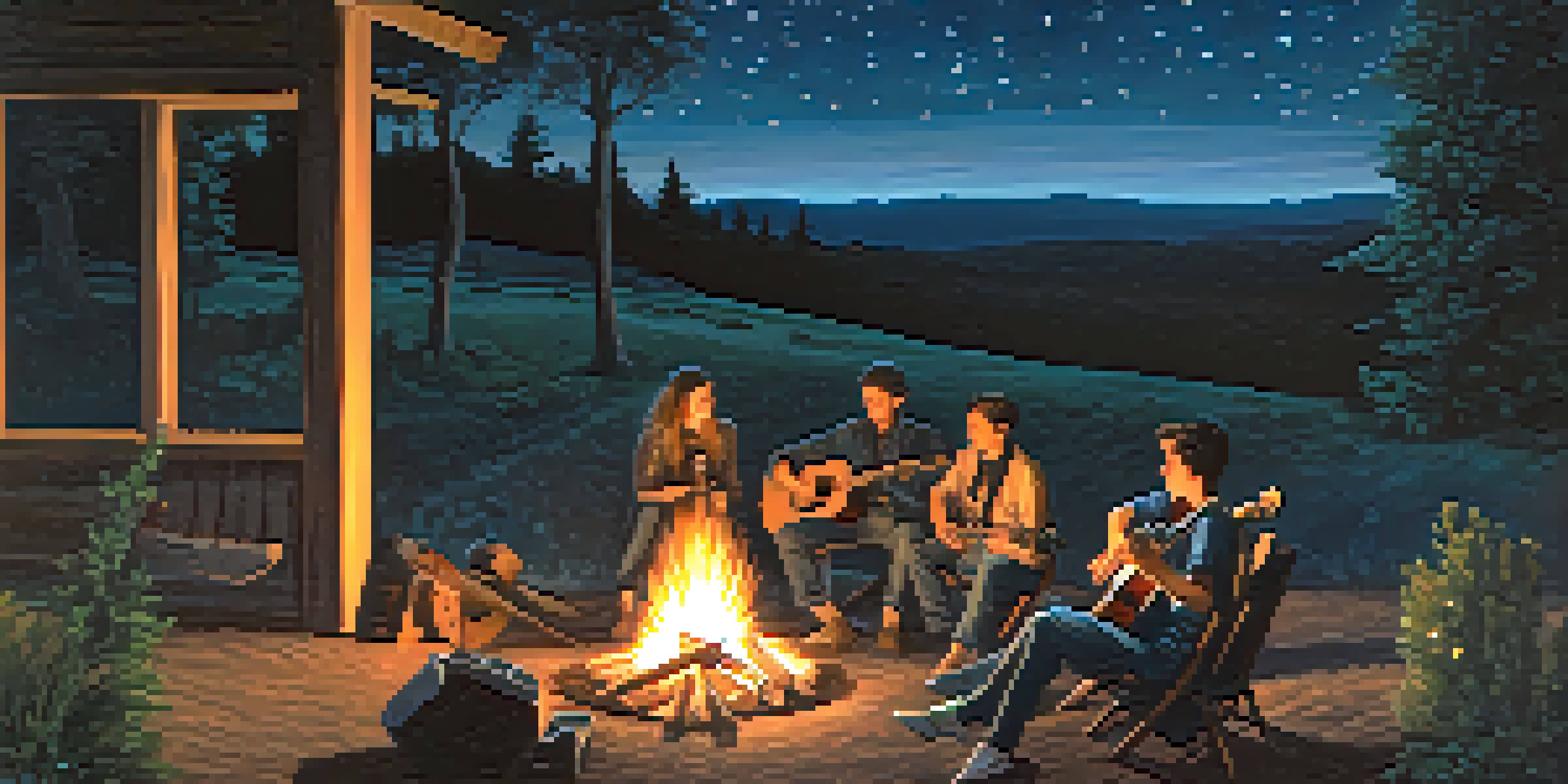 A group of musicians playing acoustic instruments around a campfire under a starry night sky.