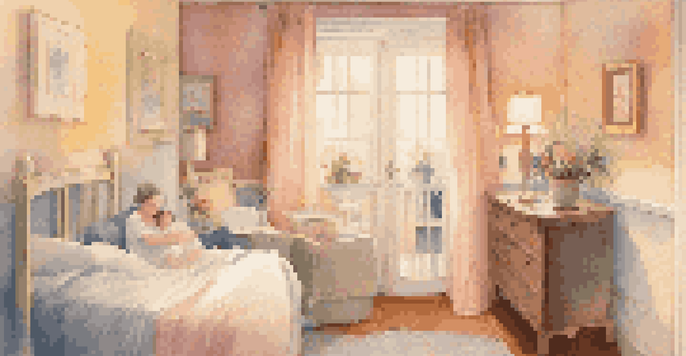 A peaceful delivery room with a mother swaying to soothing music, surrounded by pastel colors and soft lighting.