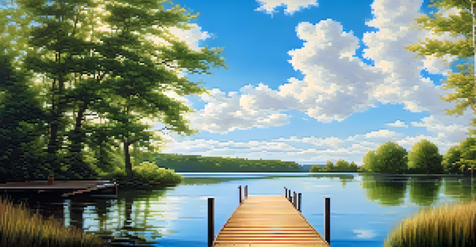 A tranquil lake scene with a wooden dock, surrounded by greenery and fluffy clouds in a blue sky.
