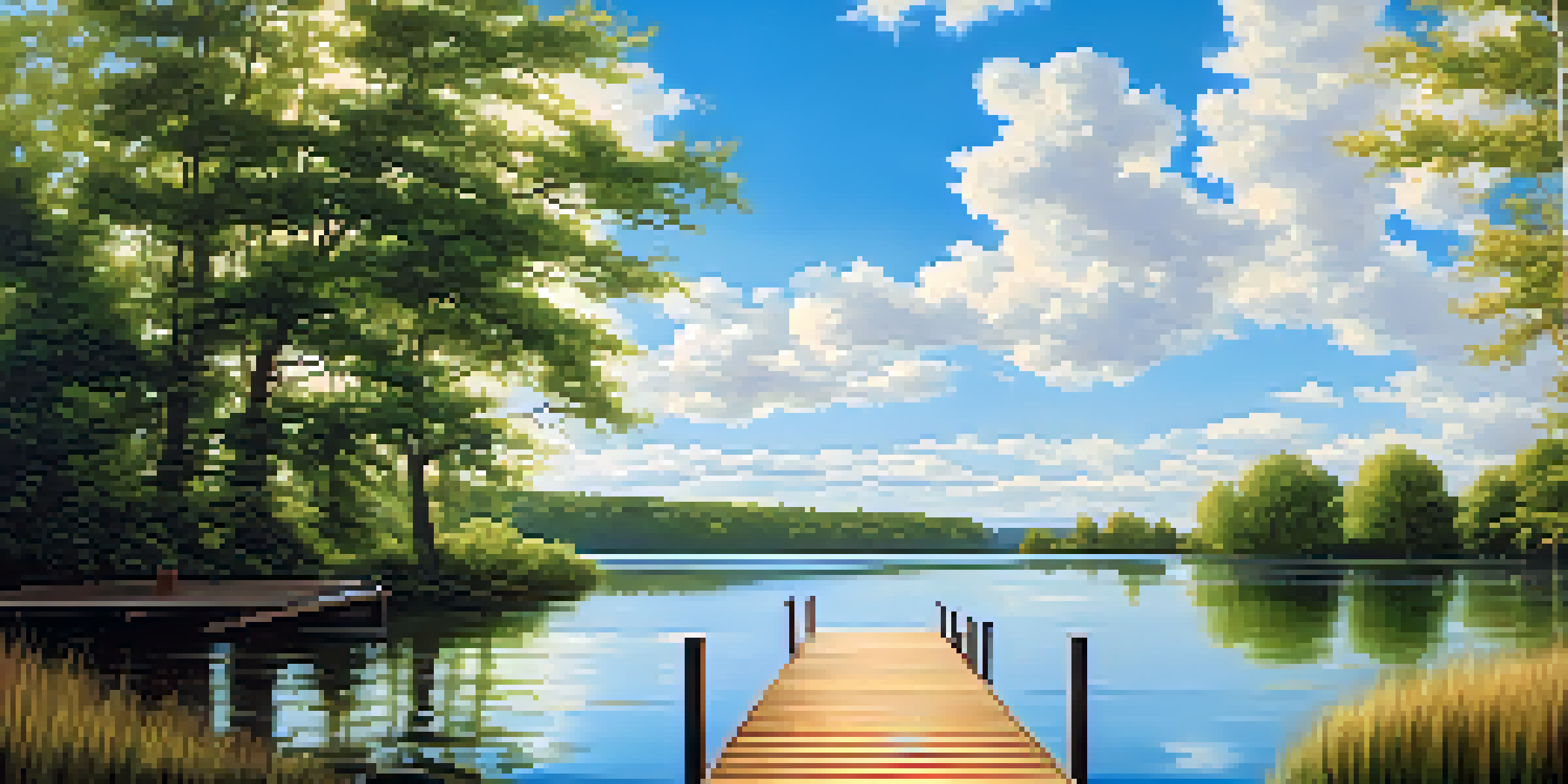A tranquil lake scene with a wooden dock, surrounded by greenery and fluffy clouds in a blue sky.
