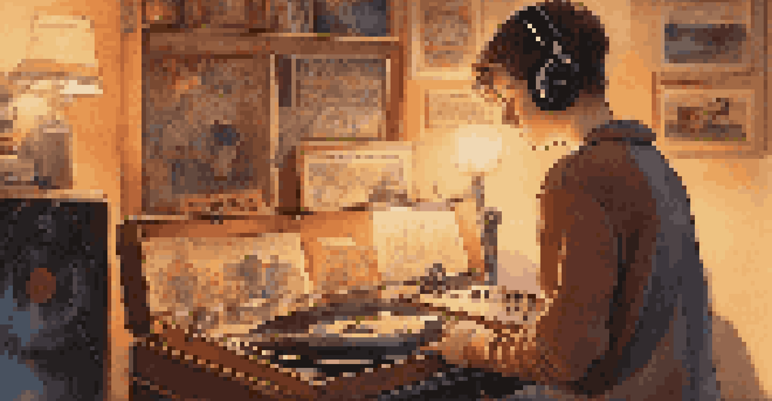 A young person holding a vinyl record in a cozy room decorated with music posters and warm lights.