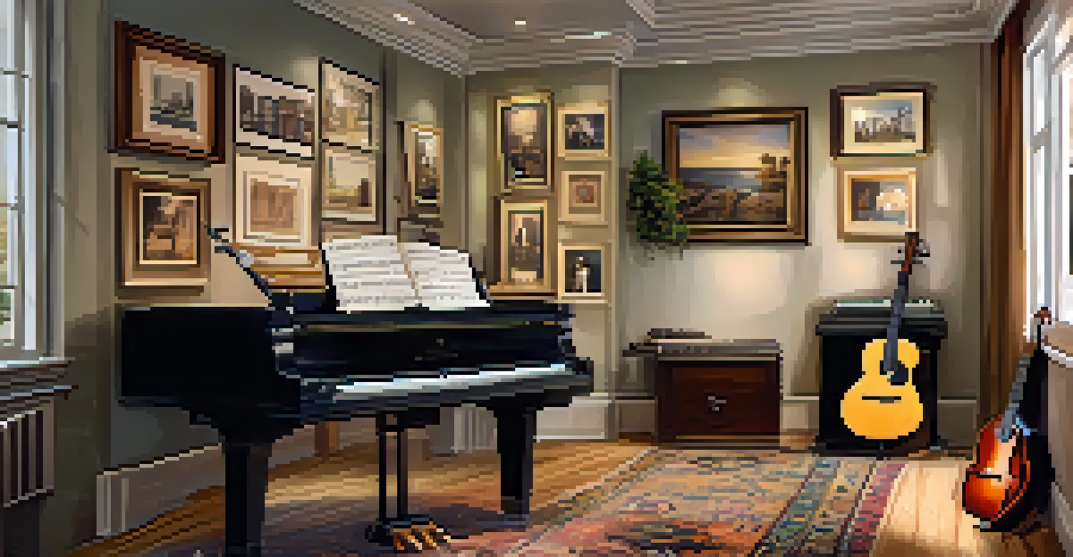 A cozy room filled with musical instruments and warm lighting, creating an inviting atmosphere.