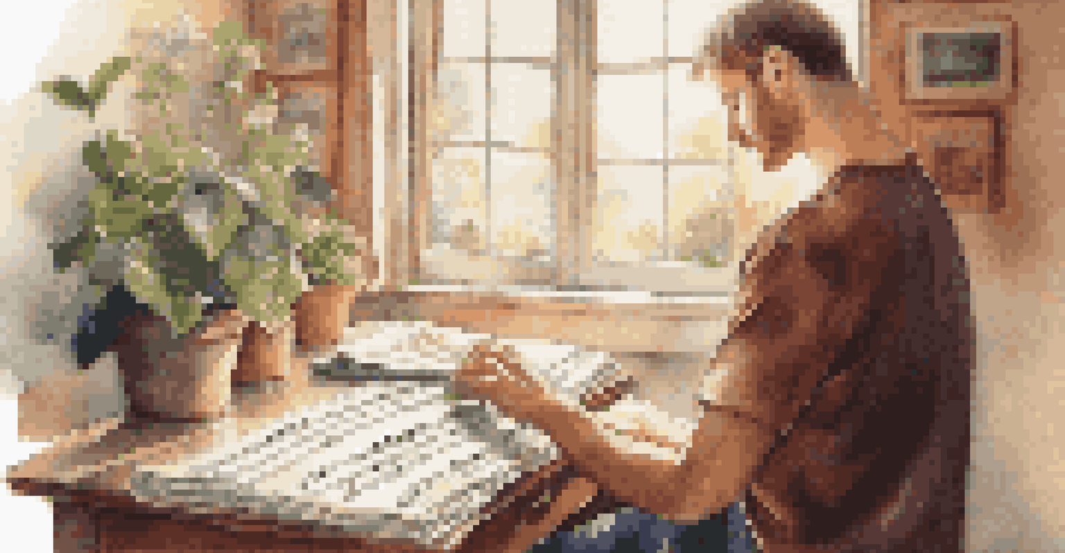 A close-up of a hand strumming a guitar with sheet music in a cozy, sunlit room.