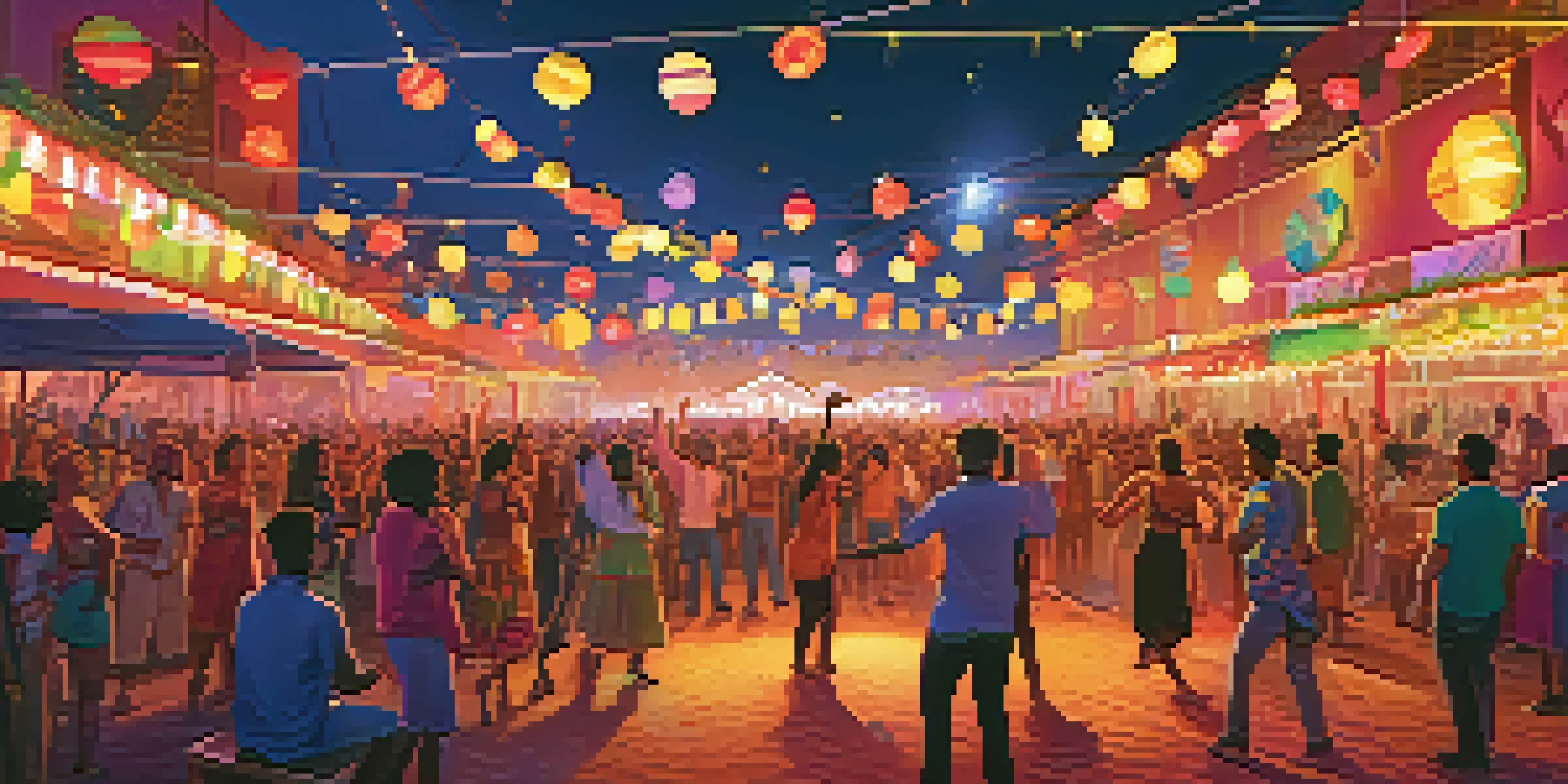 A lively music festival with diverse people dancing in colorful outfits, a stage with musicians, food stalls, and art installations in a warm sunset setting.