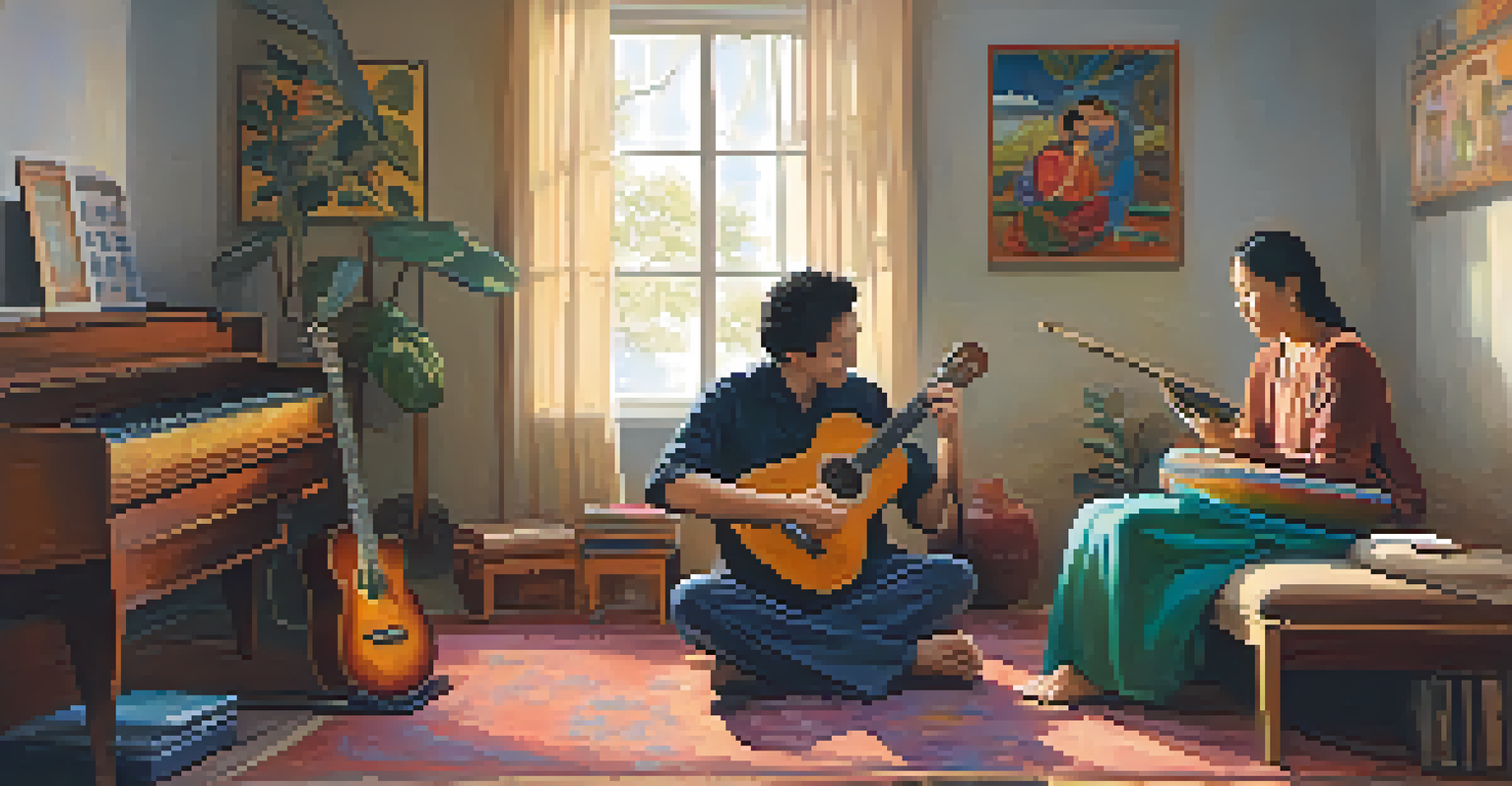 A cozy indoor music therapy session featuring a therapist and a patient with various musical instruments in a calming environment.