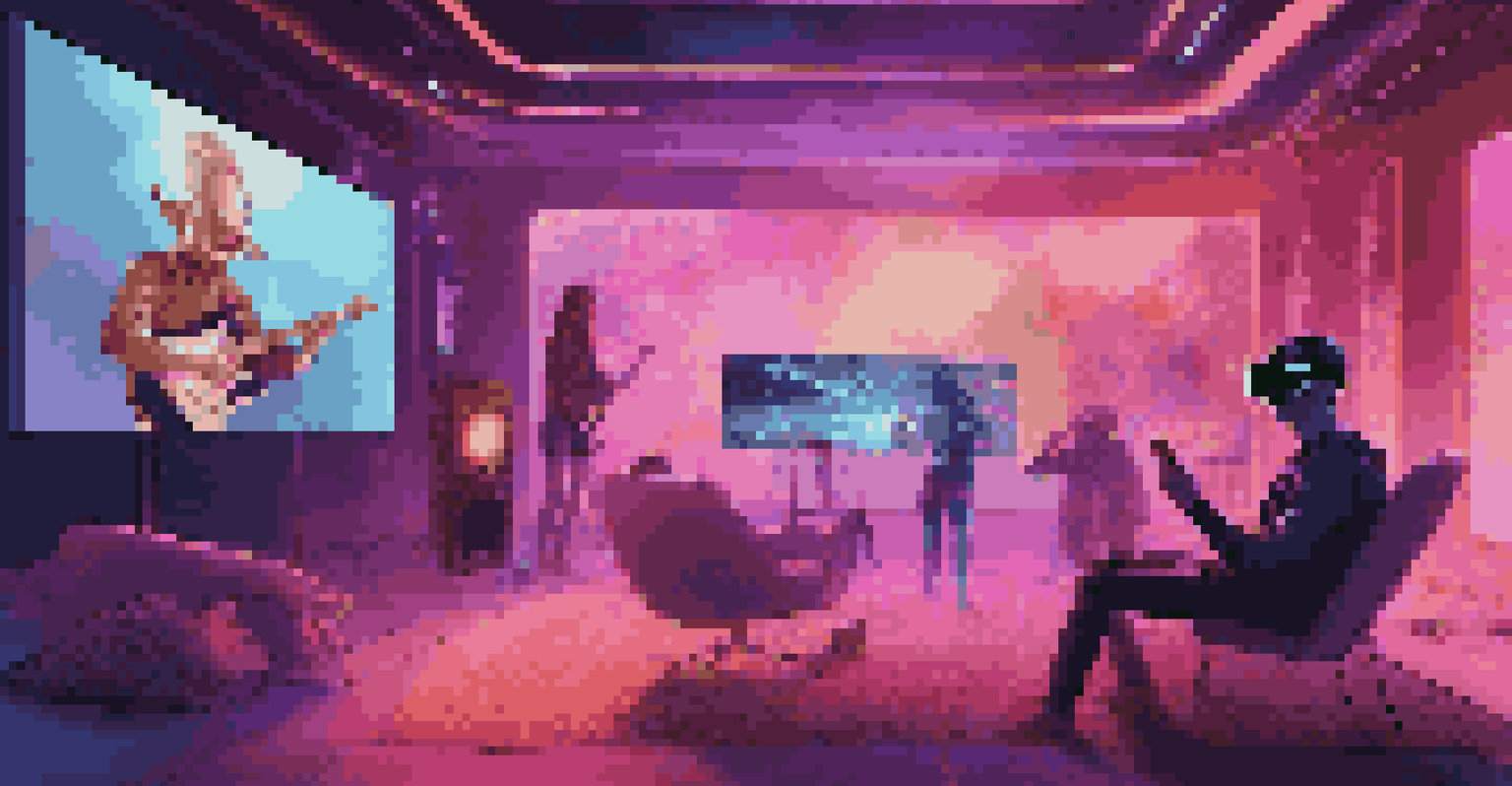 A fan enjoying a live concert in the metaverse through a VR headset, surrounded by glowing lights and concert memorabilia in a futuristic home setup.