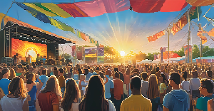 A lively outdoor music festival with a diverse audience and artists performing on stage during sunset.