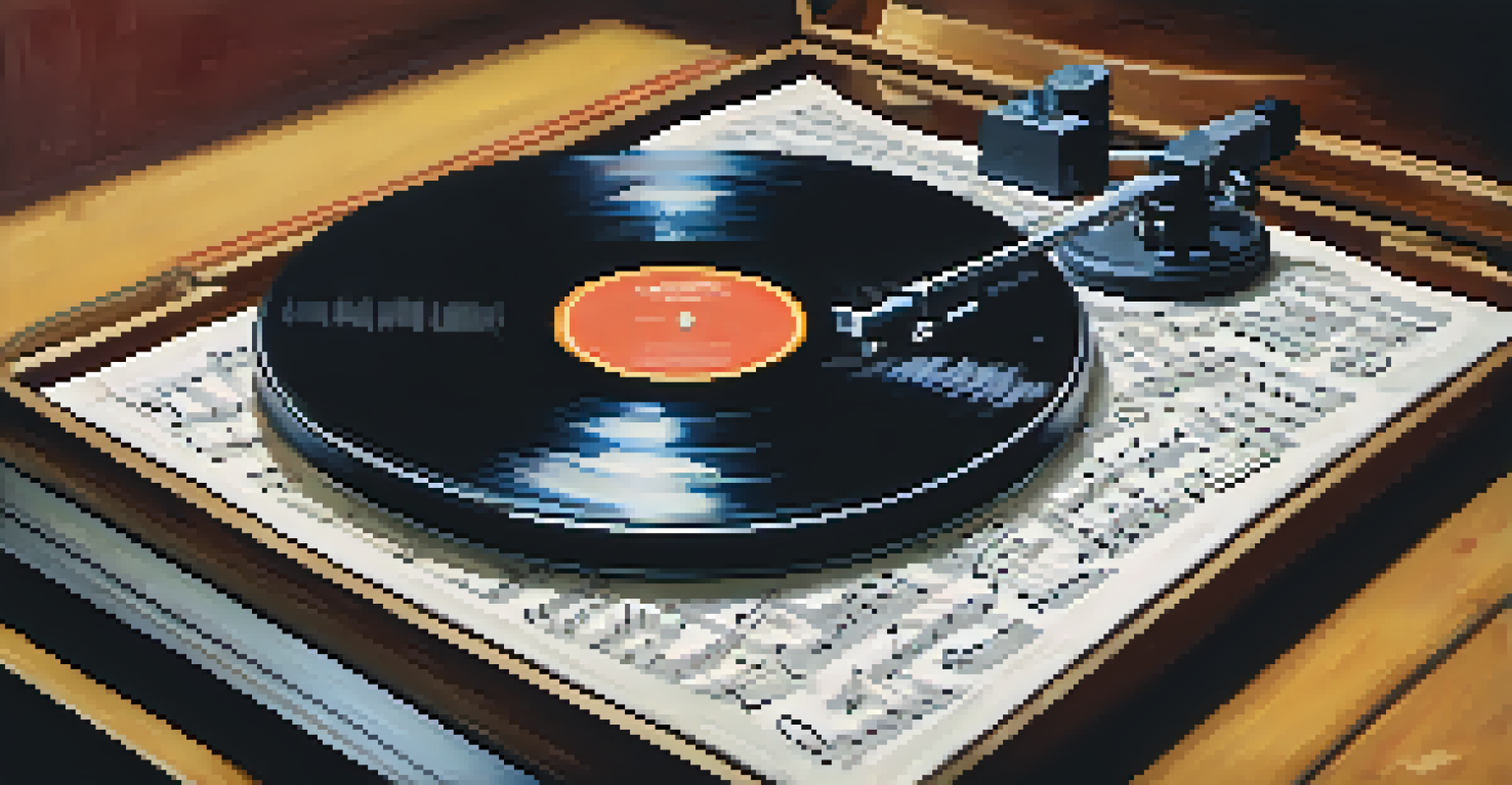 A close-up of a vinyl record player with traditional music, surrounded by sheet music in a warm-lit setting.