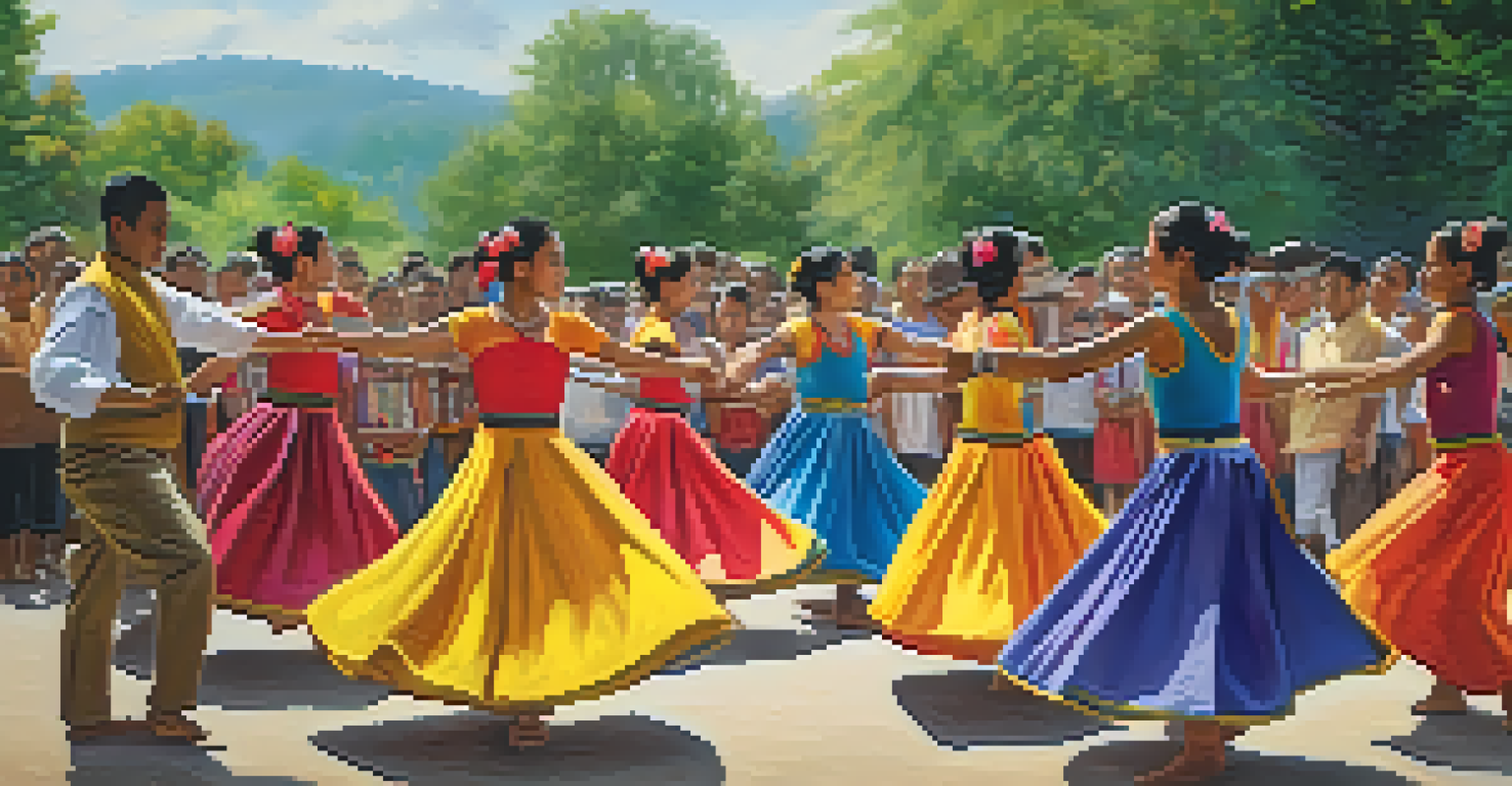 Young dancers in colorful traditional attire performing at a local folk festival in a park.