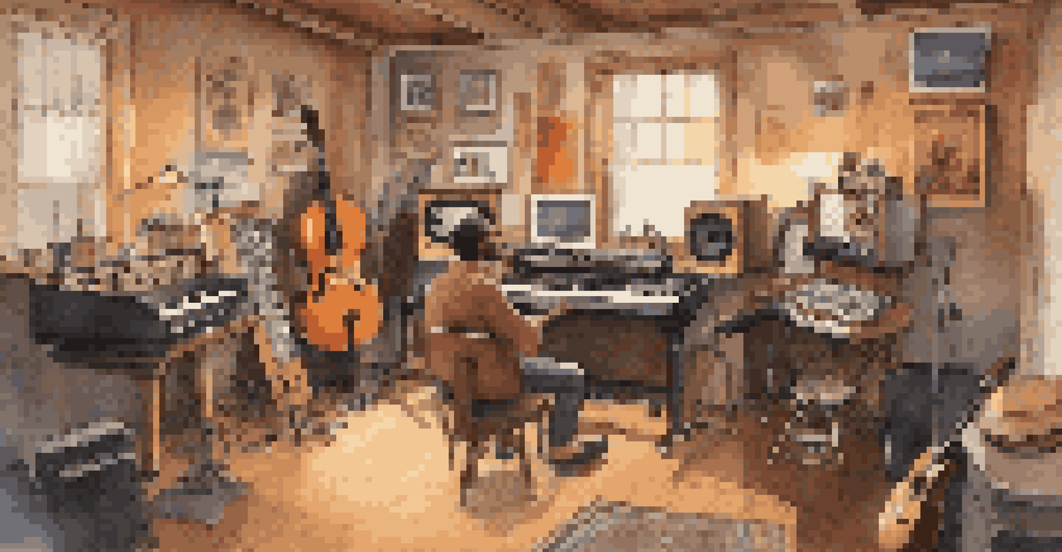 Artists from different cultures collaborating in a cozy recording studio filled with instruments and sound equipment.