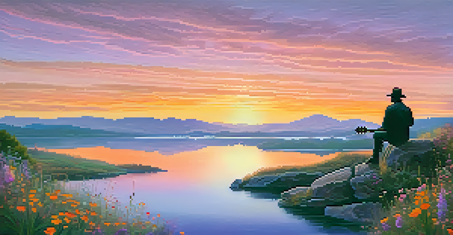 A figure sitting on a hilltop with a guitar, watching the sunrise over a calm lake and wildflowers.
