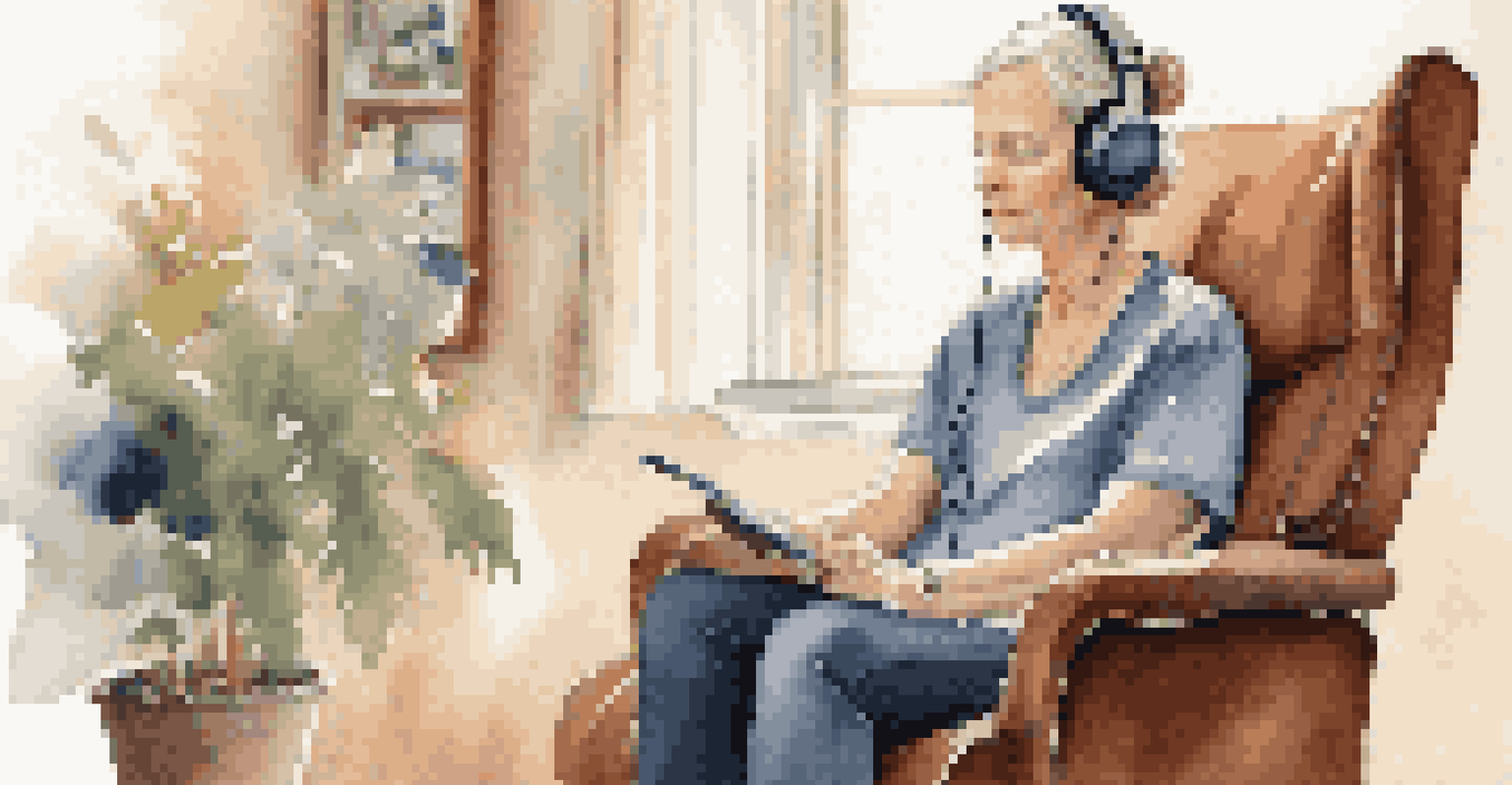 A caregiver relaxing in a comfortable chair with headphones on, enjoying music in a softly lit room filled with personal touches.