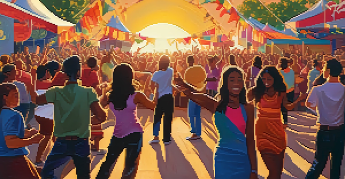 A lively outdoor music festival with a diverse crowd enjoying various performances as the sun sets, creating a warm and joyful atmosphere.