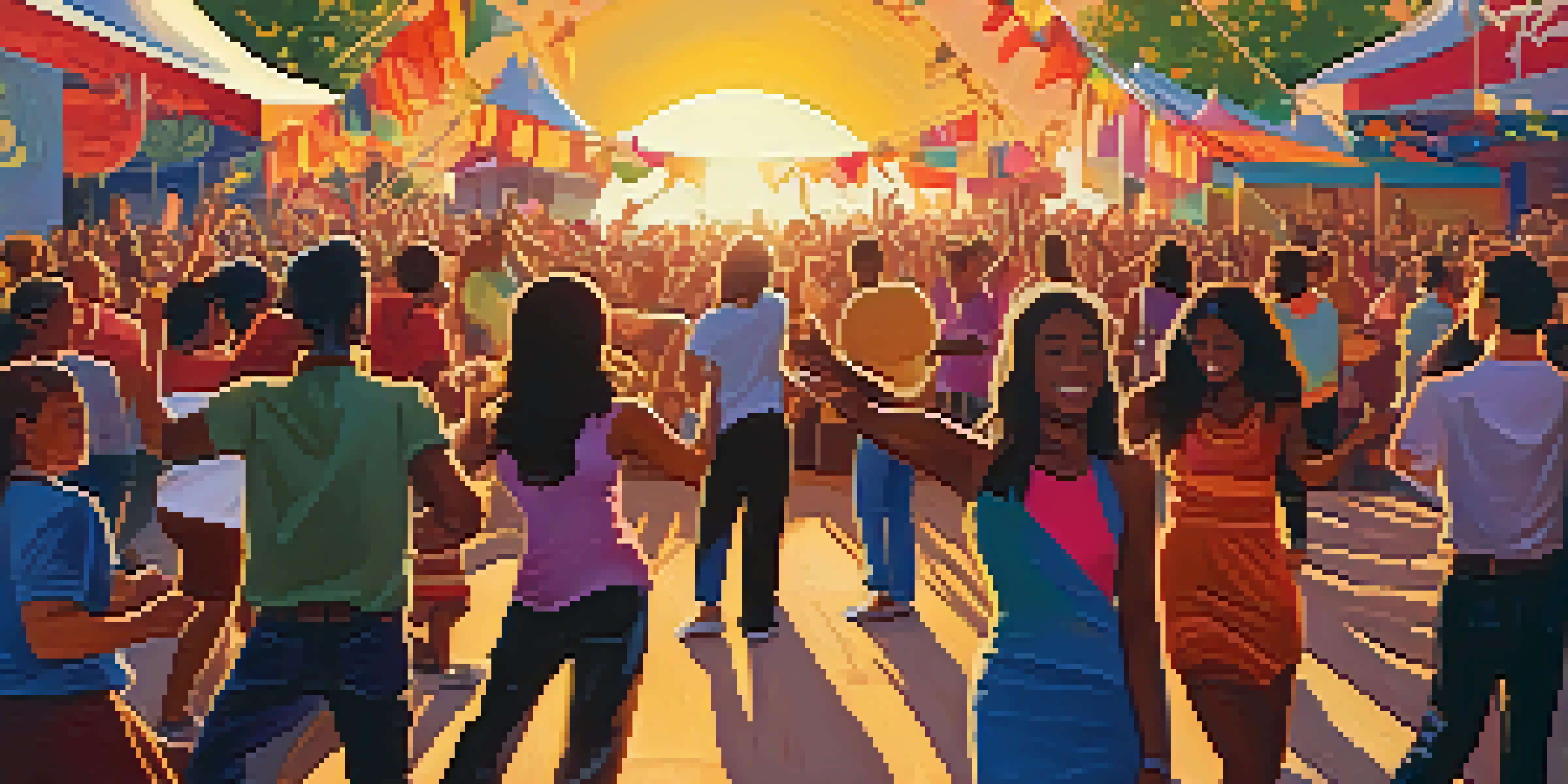 A lively outdoor music festival with a diverse crowd enjoying various performances as the sun sets, creating a warm and joyful atmosphere.