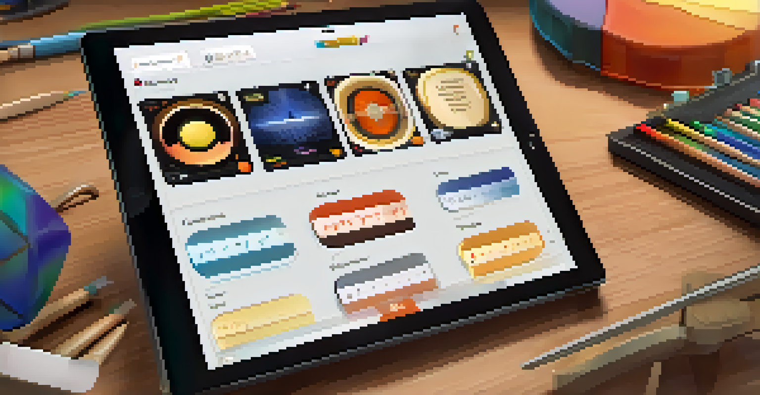 A tablet displaying a gamified music learning app interface with levels and badges, set in a cozy study space.