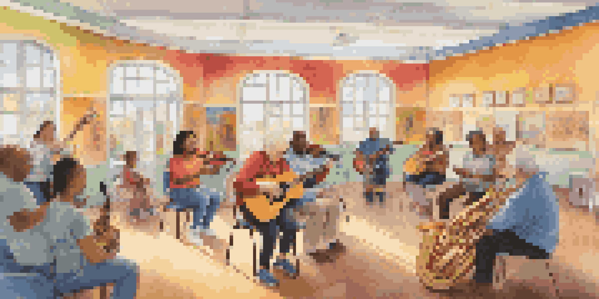 A lively scene in a community center where diverse individuals participate in a music therapy session, playing instruments and singing together.