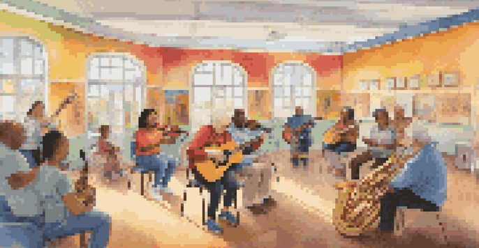 A lively scene in a community center where diverse individuals participate in a music therapy session, playing instruments and singing together.