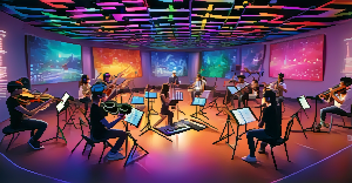 A virtual reality music classroom with students in VR headsets and a colorful digital orchestra around them.