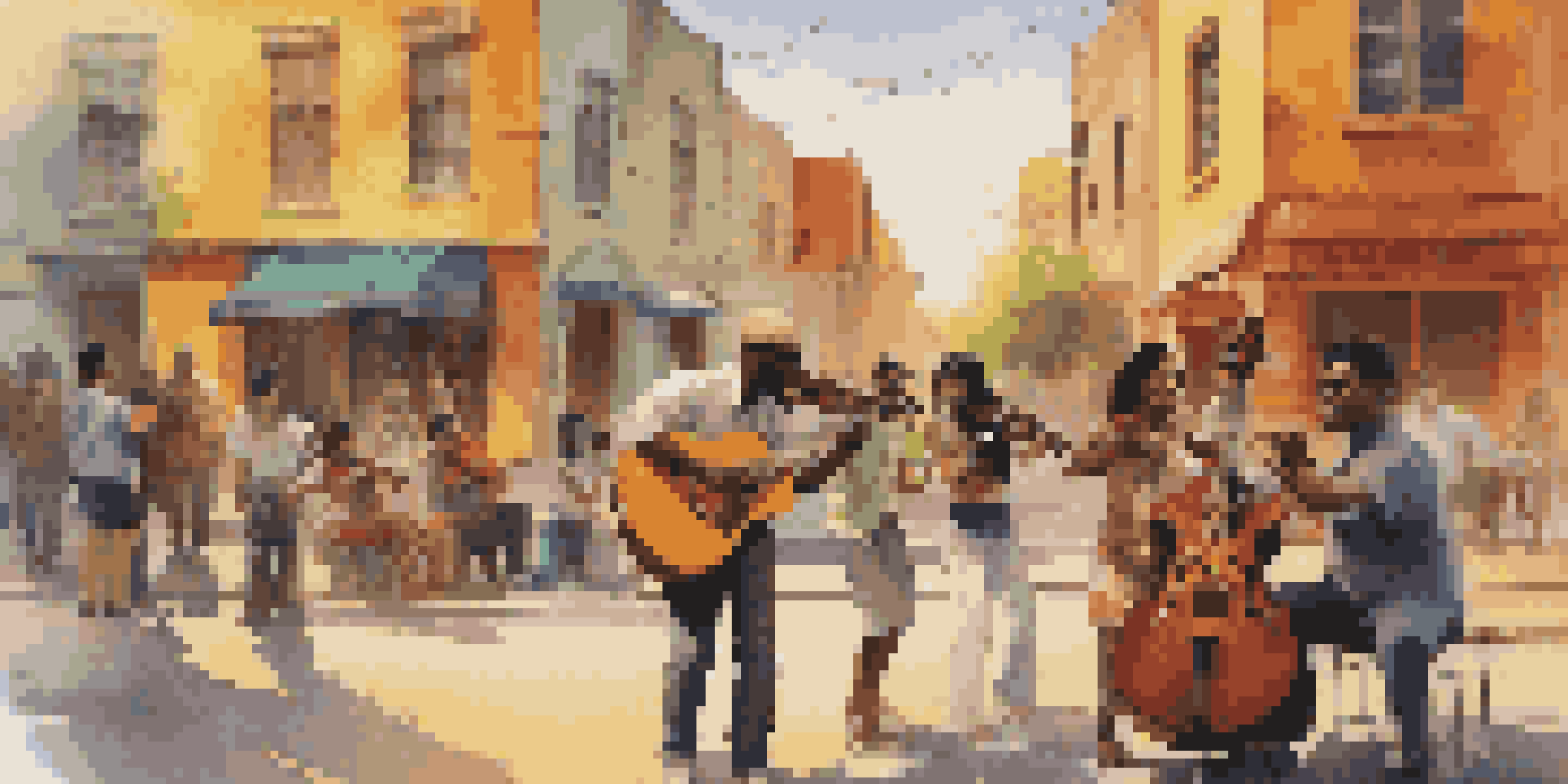 A diverse group of musicians performing in a colorful street scene, with people enjoying the music under warm sunlight.