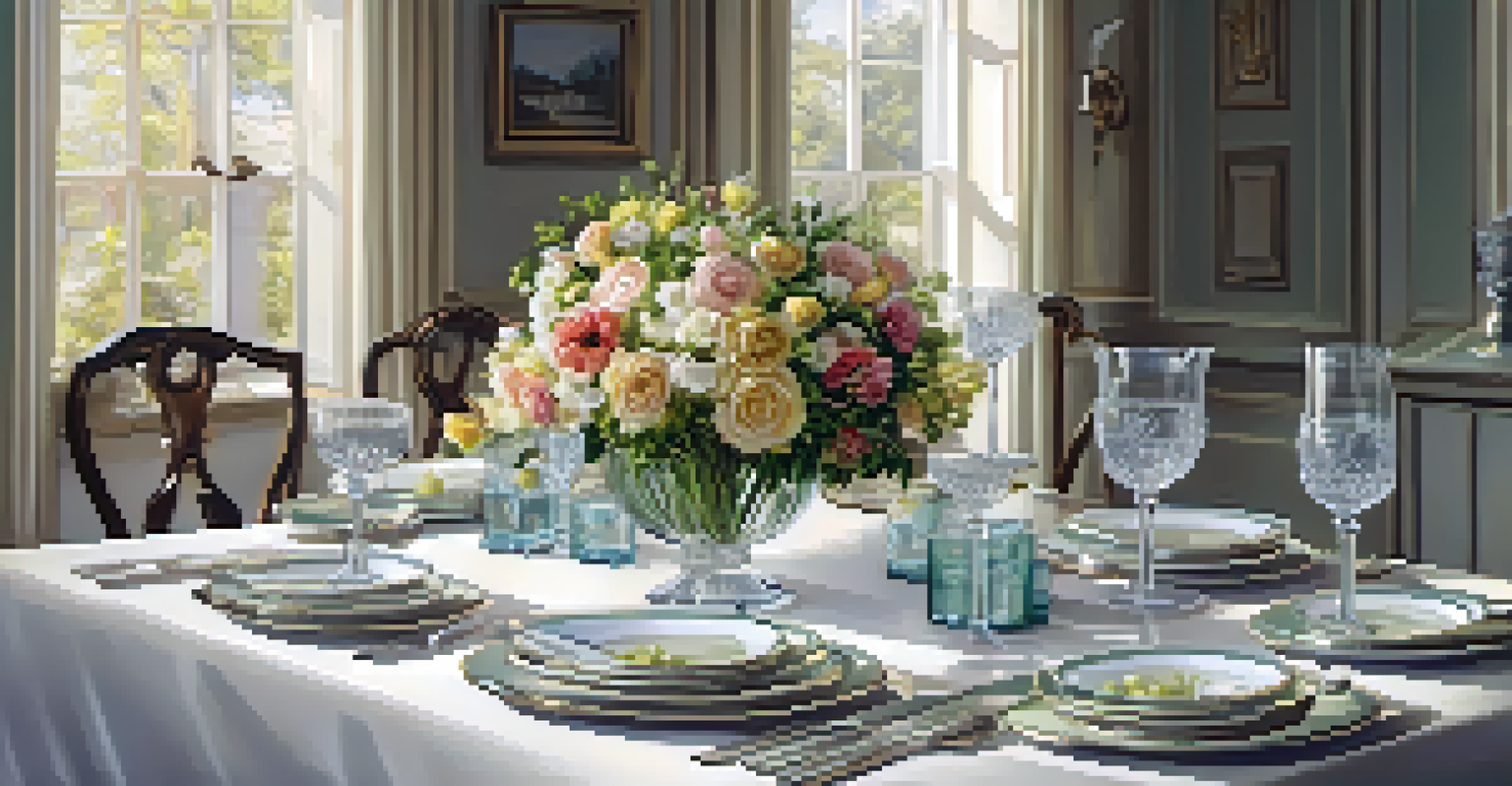 An elegantly set dining table with flowers, china, and glassware, illuminated by soft lighting.