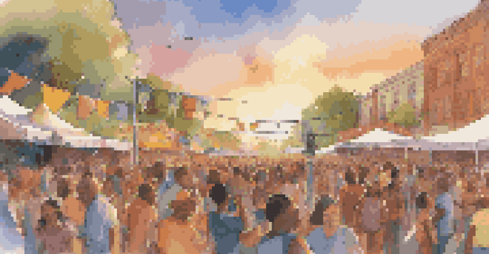 A lively outdoor music festival with diverse attendees, colorful banners, and food stalls under a warm sunset.