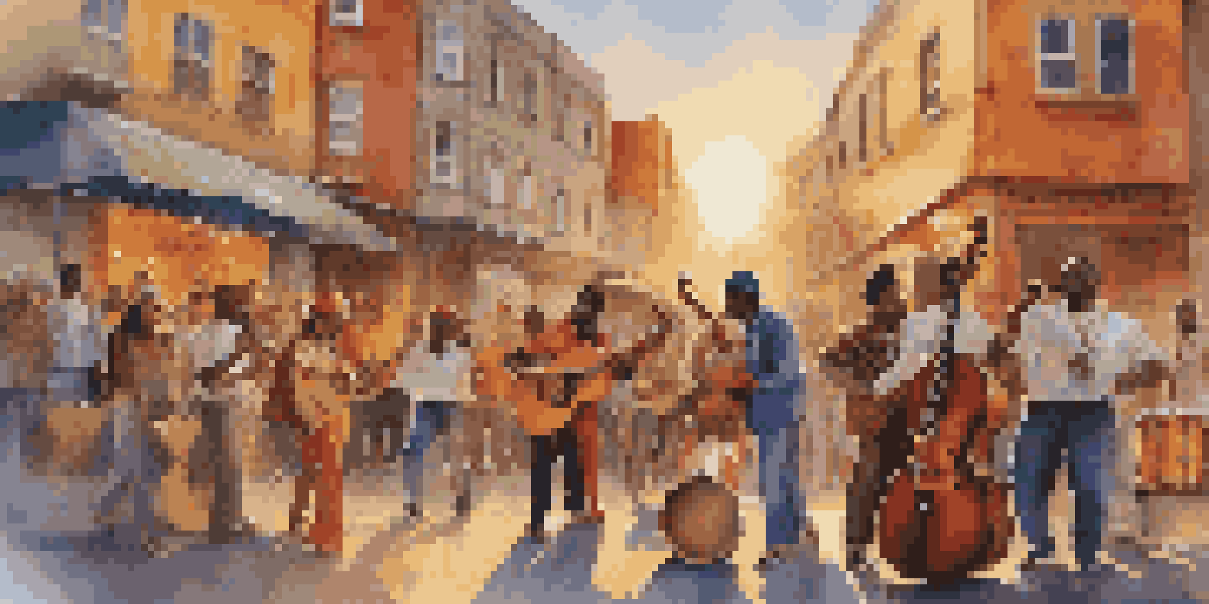 A diverse group of musicians performing on a lively street, with colorful street art and a sunset in the background.