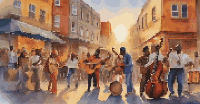 A diverse group of musicians performing on a lively street, with colorful street art and a sunset in the background.