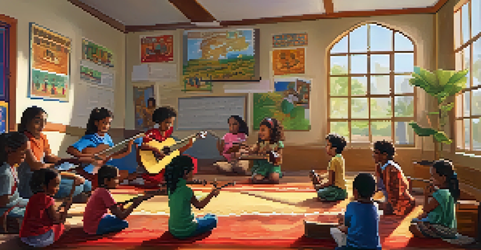 A vibrant classroom scene with children from different backgrounds enjoying a music lesson, surrounded by various musical instruments and bright sunlight.