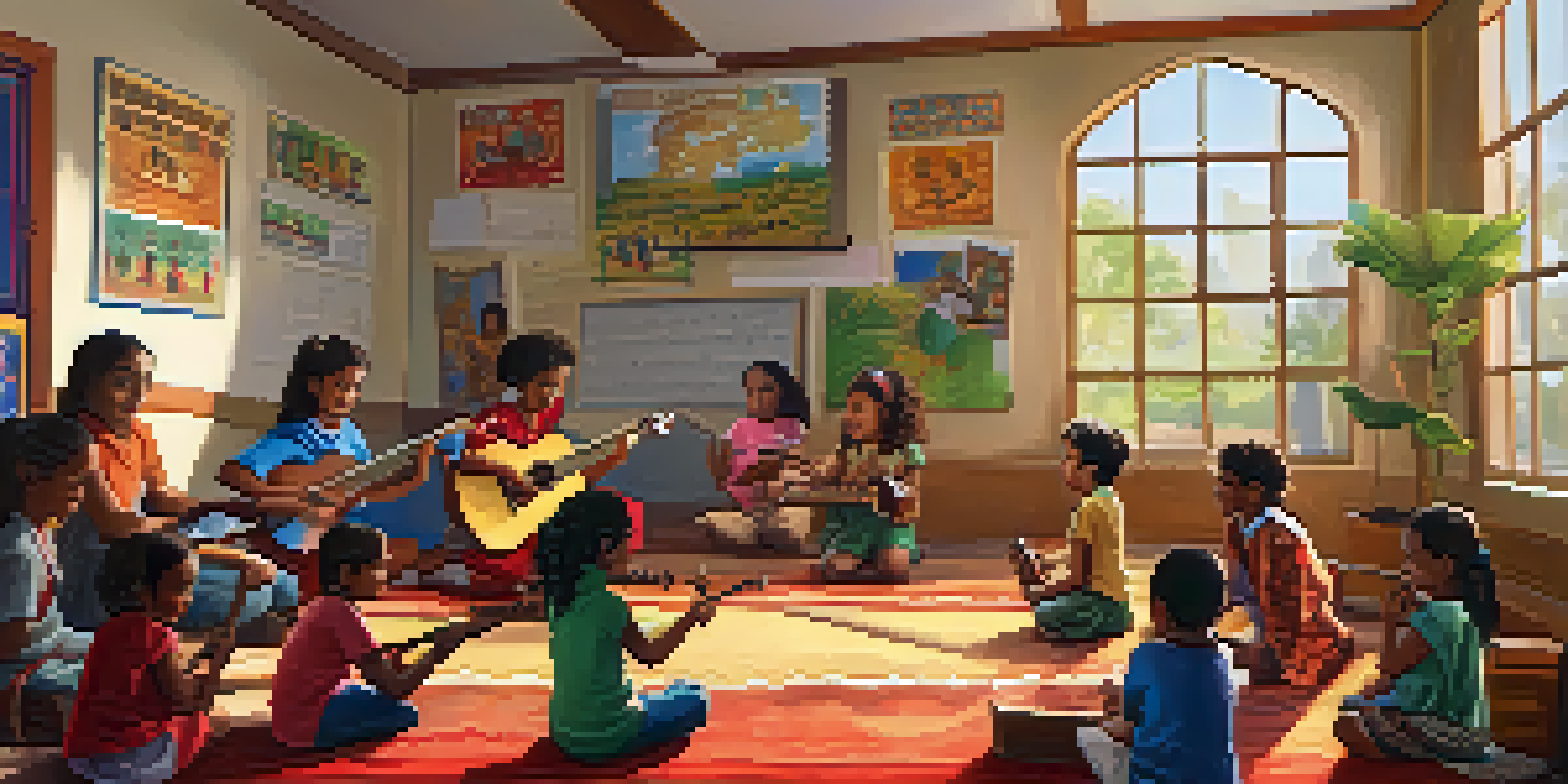 A vibrant classroom scene with children from different backgrounds enjoying a music lesson, surrounded by various musical instruments and bright sunlight.