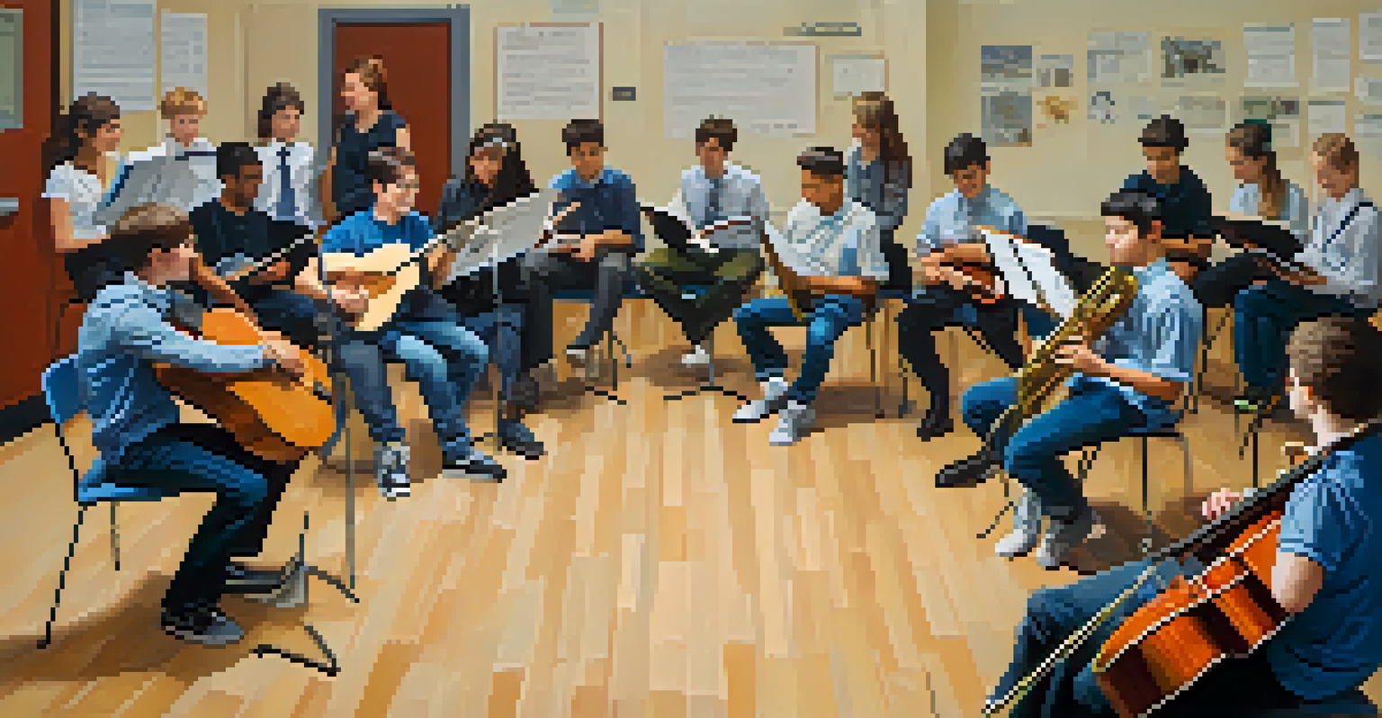 Students in a circle assessing each other's musical performances.