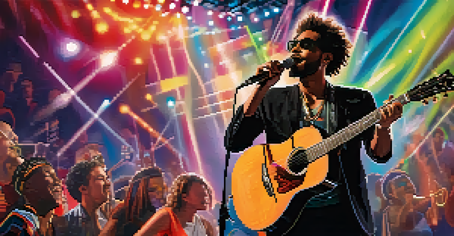 A modern musician performing on stage, blending traditional and contemporary music styles, with vibrant sound waves and an engaged audience under dynamic lighting.