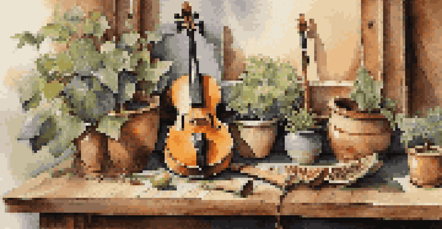 An artistic display of different cavaquinhos on a rustic wooden surface, showcasing their textures and finishes, with a small potted plant in the corner.
