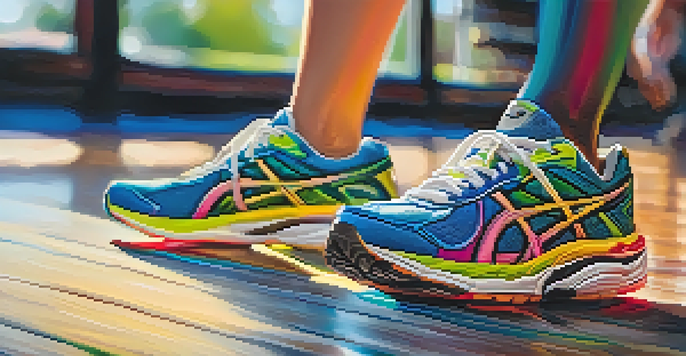 A close-up of colorful running shoes on a wooden gym floor with a blurred figure jogging in the background.