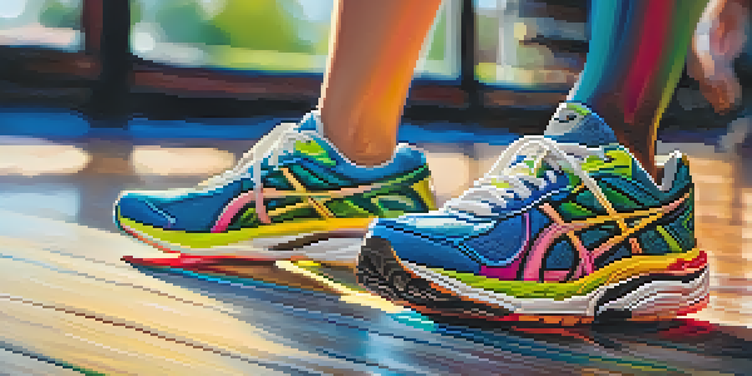 A close-up of colorful running shoes on a wooden gym floor with a blurred figure jogging in the background.