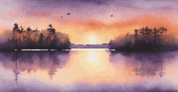A beautiful sunset over a calm lake with silhouetted trees in the foreground, showcasing vibrant orange, pink, and purple colors in the sky.
