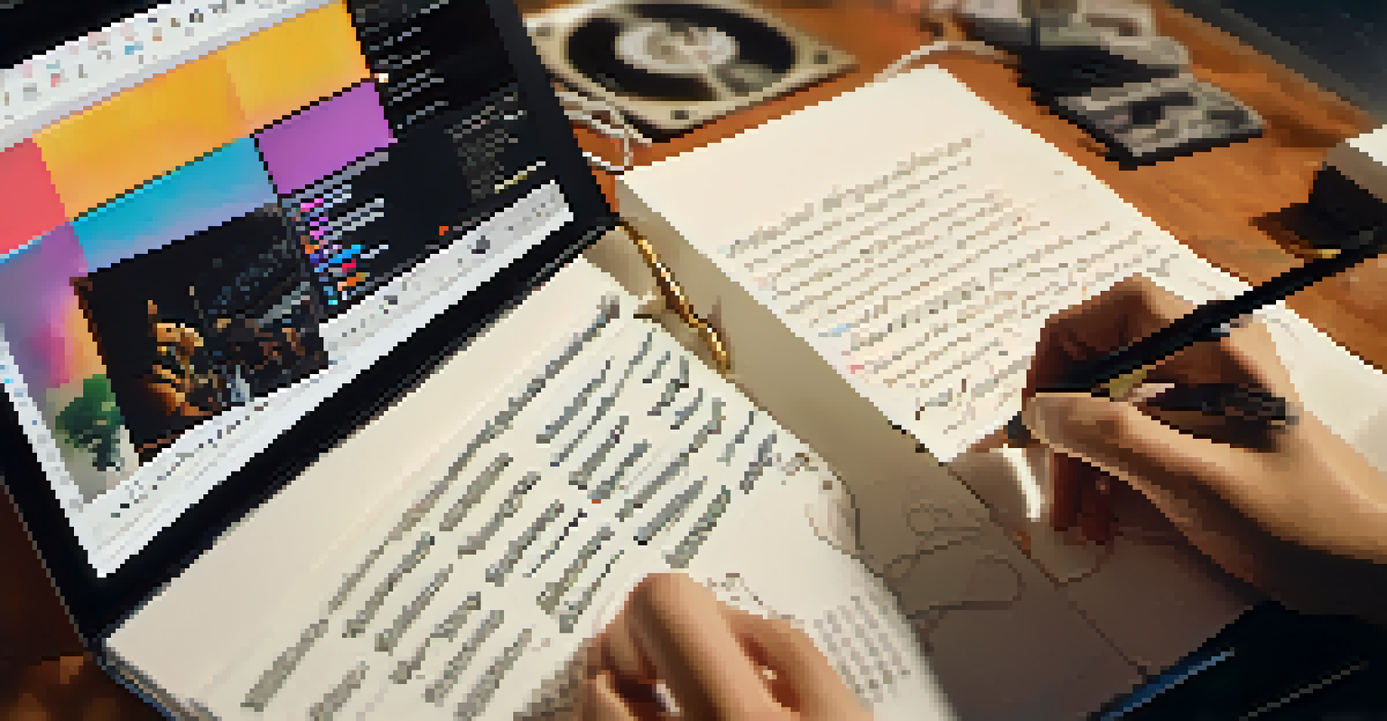 A close-up of a hand writing campaign ideas on a notepad, with a laptop showing a music streaming platform in a softly lit environment.