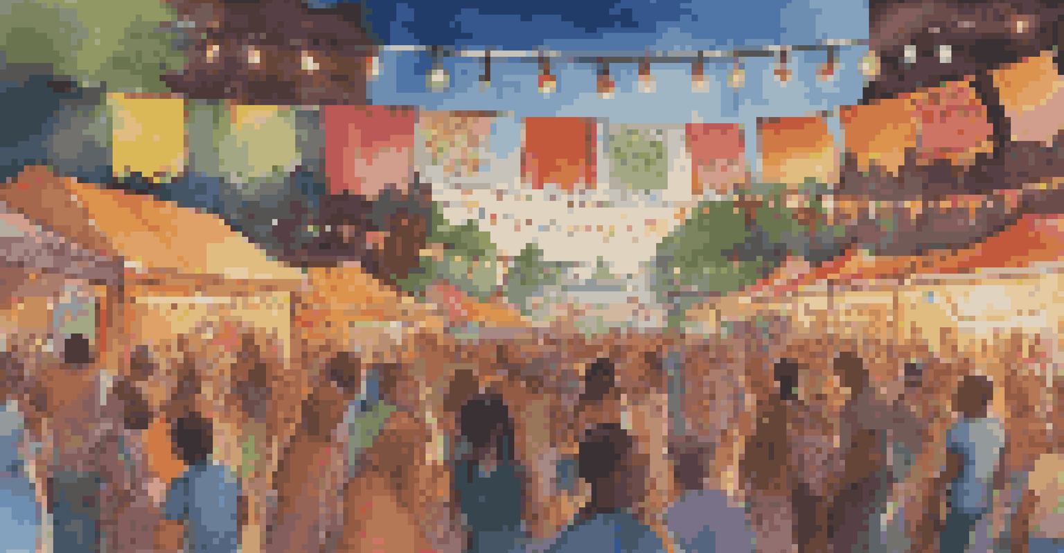 A lively outdoor music festival with a diverse crowd enjoying live performances under colorful lights.