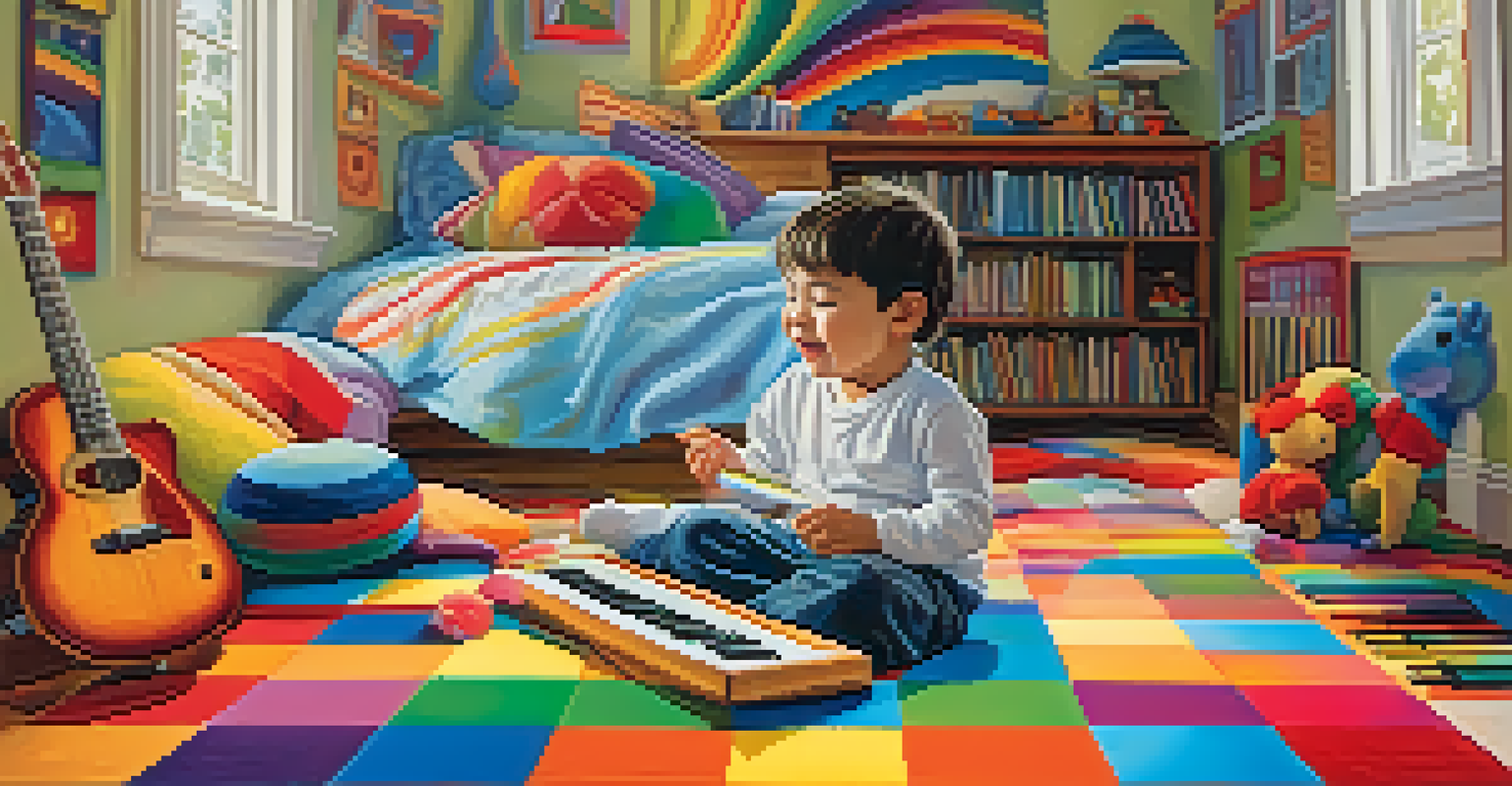 A young child playing a keyboard on a colorful rug in a bright room, surrounded by toys and musical instruments, with musical notes around him.