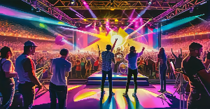 A lively concert with a band on stage, enhanced by colorful augmented reality visuals, and an engaged audience using smartphones.