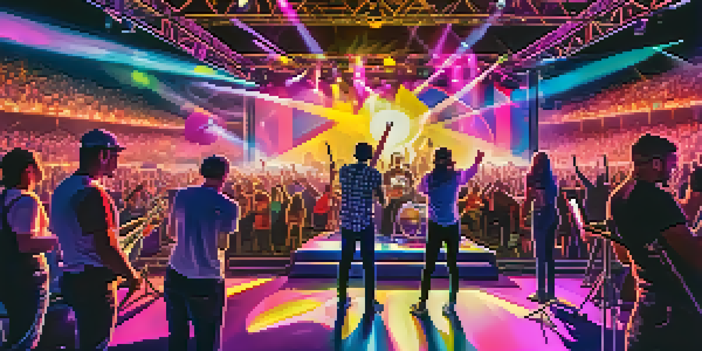 A lively concert with a band on stage, enhanced by colorful augmented reality visuals, and an engaged audience using smartphones.