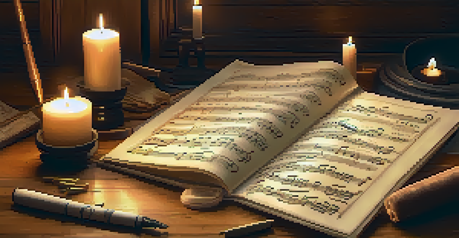 A musical score on a wooden desk with a quill pen, inkpot, and candlelight, illustrating the art of classical music composition.