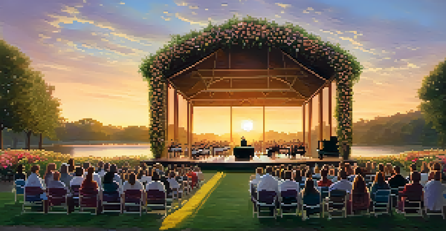 A choir performing outdoors at sunset in a park, with an audience enjoying the concert.